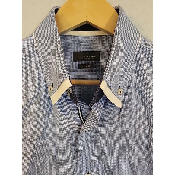 Zara Man Black Tag Shirt Men's‎ L Blue Slim Fit Button Up Long Sleeve - Picture 2 of 6